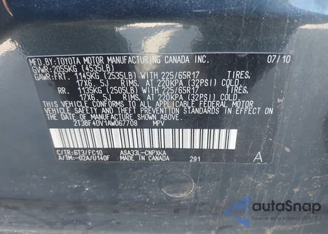 2010 Toyota Rav4 z USA, uszkodzony, nr VIN 2T3BF4DV1AW067708